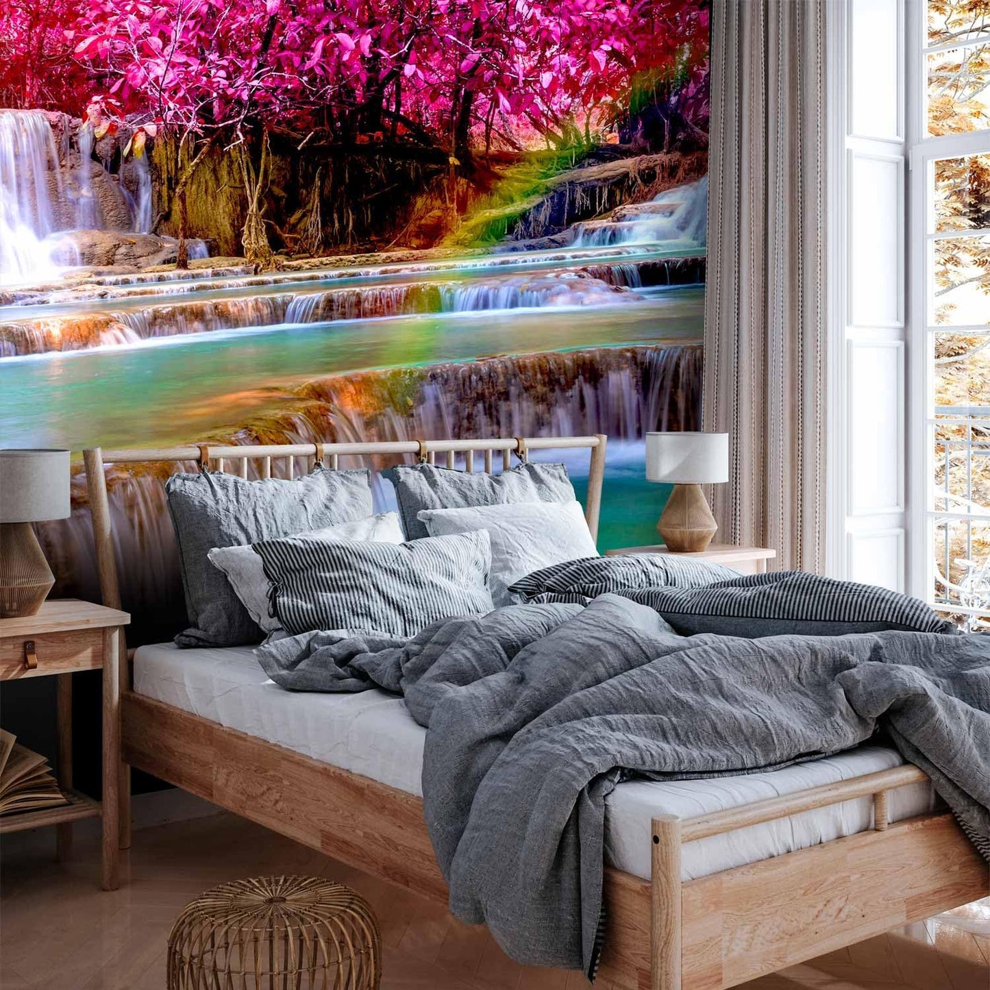 artgeist Wall Mural Peel and Stick Waterfall 212x98 in - XXL Self-Adhesive Corner Wallpaper Removable Large Sticker Foil Angle Wallpaper Wall Decor Print Nature Sun Pink Tree Forest c-B-0474-a-a