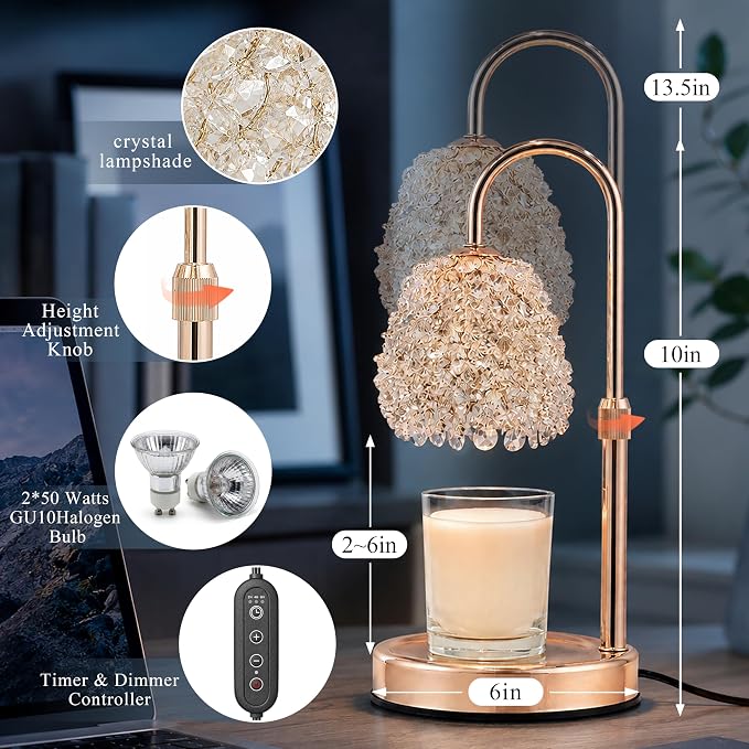 Candle Warmer Lamp with Timer & Dimmer, Adjustable Height Candle Lamp, Hand-Embedded Glass Crystal Lampshade, Valentine’s Day Gifts for Women/Mom, Wax Warmer for Home Decor (Rose Gold)
