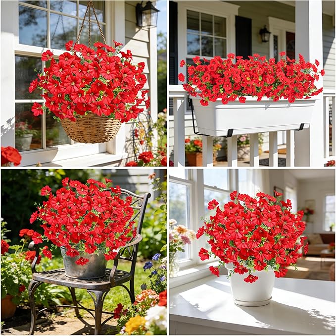 Ouddy Decor 24 Bundles Artificial Flowers for Outdoors, Fake Petunias Flowers Silk Morning Glory with Eucalyptus Faux Plants for Indoor Outside Spring Summer Yard Garden Porch Home Decor, Red