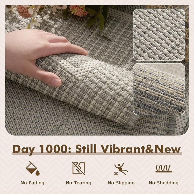 MontVoo-3x5 Outdoor Rug Porch Entryway Rug-Polypropylene Indoor Outdoor Rugs for Entryway Kitchen Balcony Patio, Textured Weave, Durable, Fade-Resistant, Non-Shedding, Modern Neutral Grey