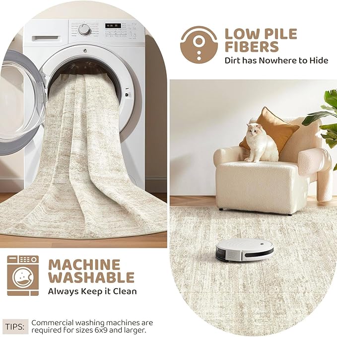 UERMEI 3X8 Washable Runner Rug for Hallway: Soft Neutral Modern Abstract Area Rug - Non-Slip Low Pile Long Throw Indoor Carpet for Kitchen Entryway Kitchen Bedroom Laundry Bathroom - Beige/Brown