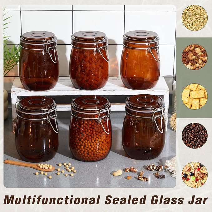 Norme 6 Pack 25oz Amber Airtight Glass Jars with Lids, Round Food Storage Container Airtight Food Wire Clip Fastening for Sauerkraut Flour Kitchen Sugar Cereal Kitchen Canning Pickling Mason Jars