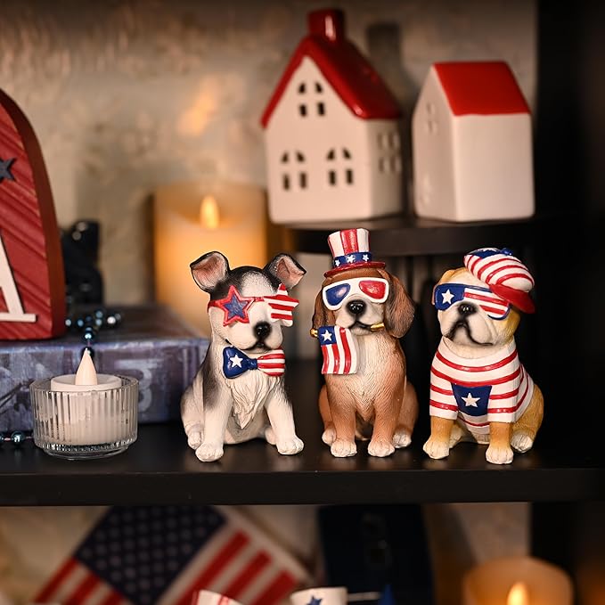 Valery Madelyn 4th of July Puppy Decorations, Memorial Day Decor for Home, Large 3Pcs Patriotic USA 250th Anniversary Decorations, Stars and Stripes Dogs Figurine for Independence Day Labor Day