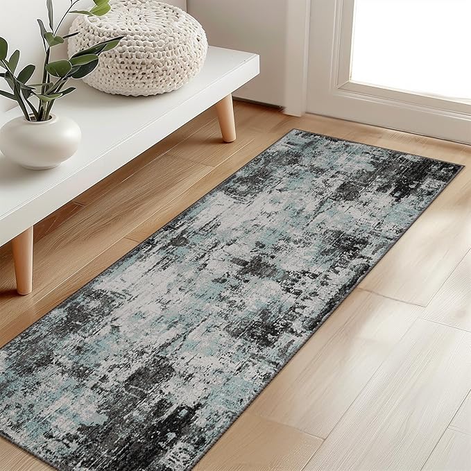 RELEANY Washable Area Rugs 2'x6' Non-Slip Modern Abstract Soft for Living Room Entryway Bedroom Nursery, Print Pattern, Blue Black Teal
