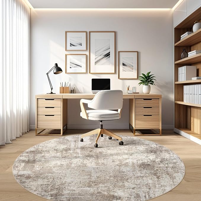 5ft Round Rug Living Room Rugs: 5x5 Washable Circle Abstract Modern Soft Stain Resistant Non-Slip Indoor Floor Carpet for Bedroom Nursery Office Dining Room Playroom Home House- Beige Brown