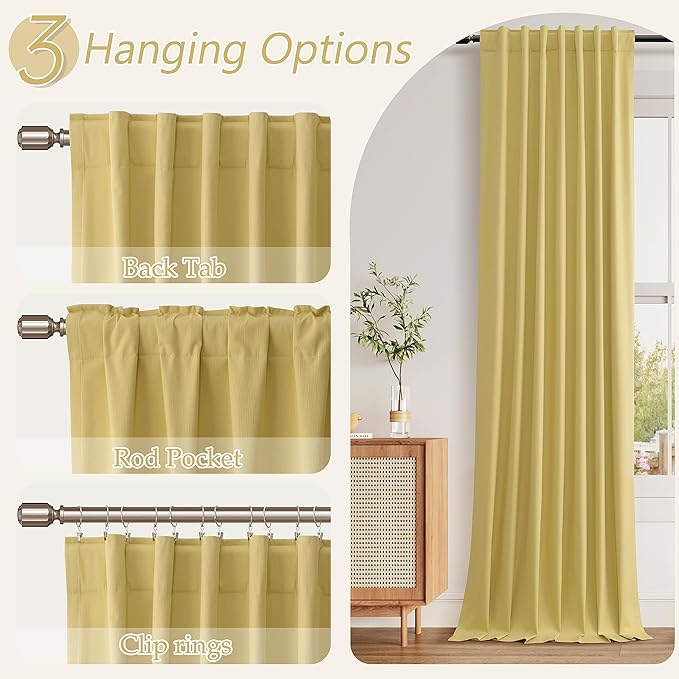 Guken Yellow 100% Blackout Linen Curtains 72 Inch Length 2 Panels Set for Living Room Bedroom Back Tab/Rod Pocket Thermal Insulated Black Out Drapes Room Darkening Window Curtains 72 Inches Long