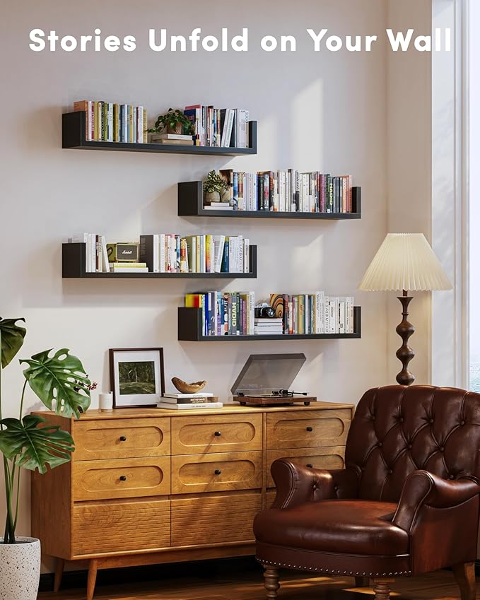 Wall Bookshelf, Set of 4, U Shaped Floating Bookshelf, Hanging Bookshelves for Wall, Wall Mounted Shelves for Living Room Bedroom Office (Black, 23.6 Inches, 4)