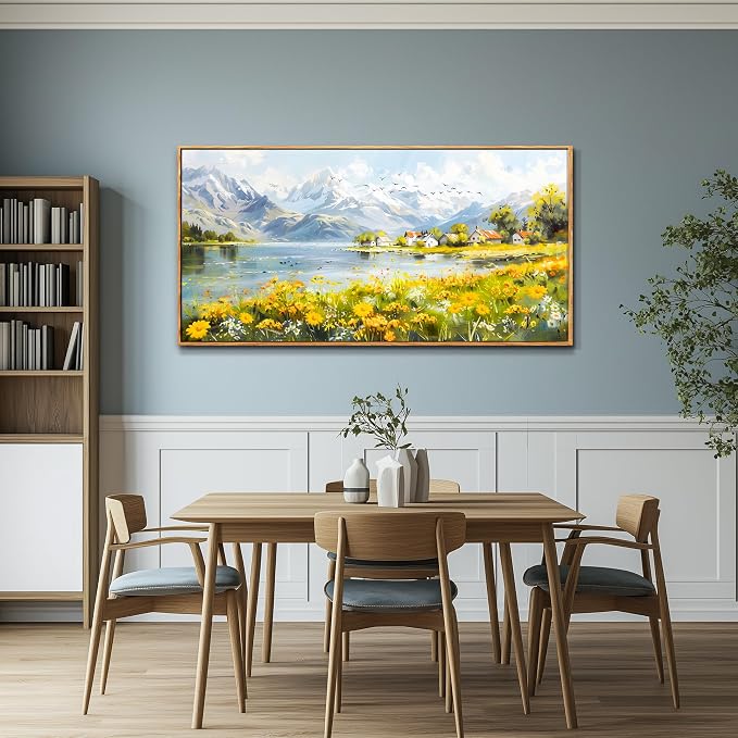 XIGUANGART Framed Canvas Wall Art Vintage Decor, Landscape Wall Art, River with Flowers Art, Modern Farmhouse Decor, Cottagecore Bedroom Bathroom Office Decorations, Living Room Pictures，20"x40"
