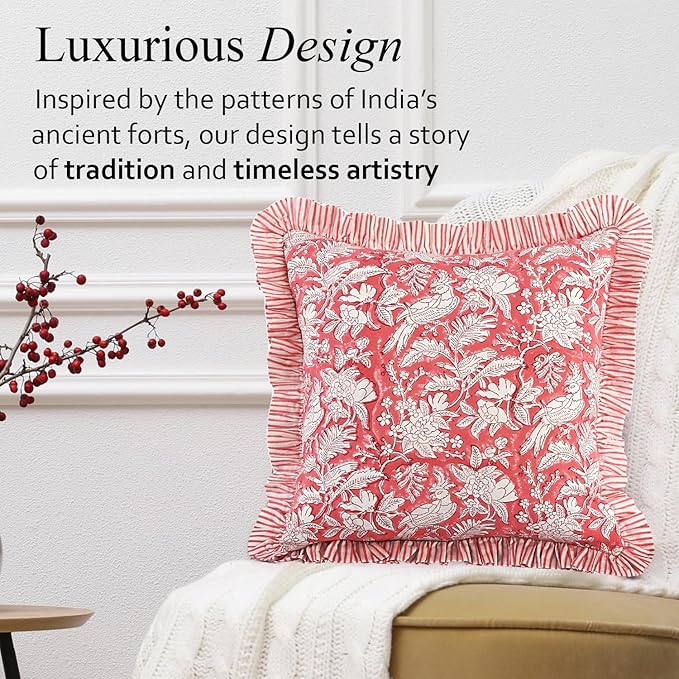 CPC Pink Coral Ruffle Throw Pillow Covers for Couch, 20x20 Inch Cotton Stripe Ruffle Couch Pillows for Living Room, Hidden 16 Inch Zipper Boho Pillow Case or Cute Outdoor Pillows