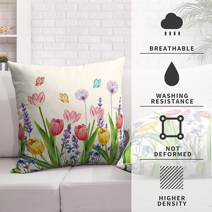 Pink Tulip Decorative Pillow Covers Spring Summer Outdoor Pillow Covers 16x16 Purple Lavender and Dandelion with Butterflies Cushion Case for Living Room Garden Patio Sofa Set of 2