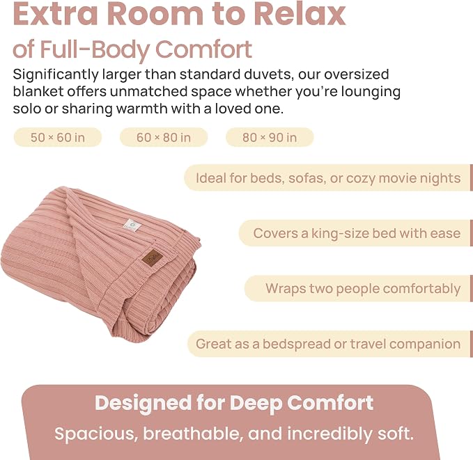 Dalisa 100% Organic Cotton Knit Blanket Denise, Soft and Lightweight, Breathable All-Season Throw for Sofa, or Lounge Area -GOTS Certified-Perfect for Home and Bedroom Styling (Light Rose, 50x60)