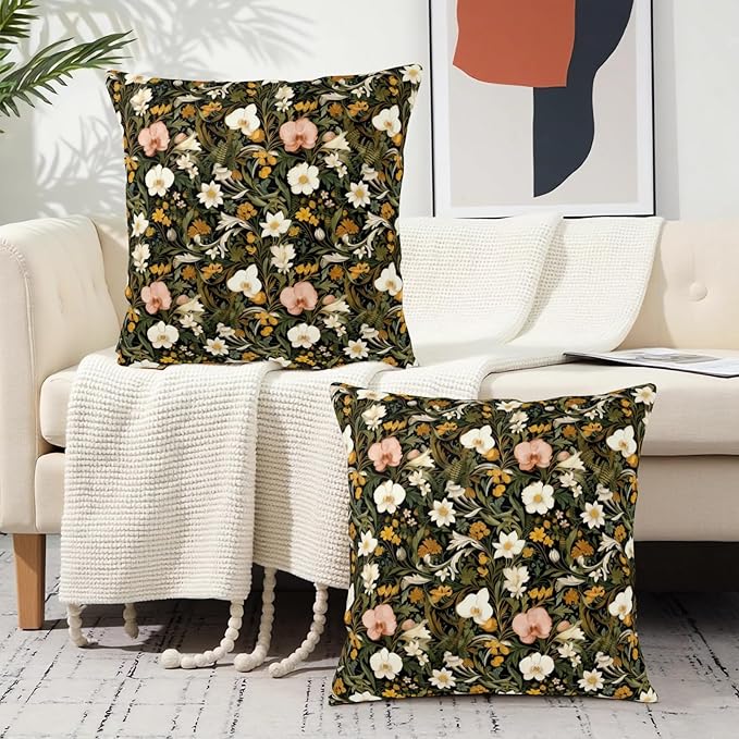 Spring Summer Botanical Throw Pillow Covers Dark Floral Pillow Covers 16x16 Set of 2 Boho Flower Farmhouse Pillow Cases Wildflower Cushion Cases for Home Bedroom Living Room