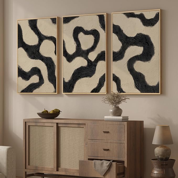 Framed Neutral Abstract Wall Art for Living Room, 3 Piece Black and Beige Mid Century Modern Painting Print, Large Line Canvas Artwork for Dining Room Bedroom Hallway Office Walls Decor, 24x36 Inch