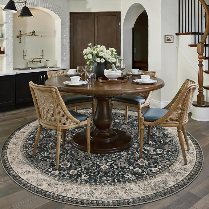 HUGEAR Round Rug 4ft Entryway Rugs Machine Washable Black Beige Hallway Area Rug 4x4 Small Circle Accent Rug Floral Low Pile Carpet Soft Throw Rug Living Room Office Laundry Room Entrance Non Slip