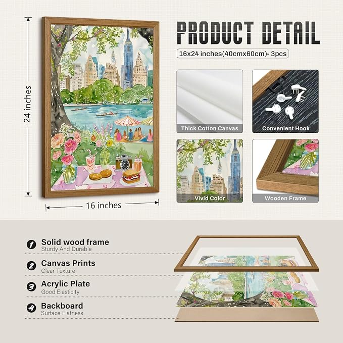 Watercolor New York City Wall Art Nyc Canvas Poster Travel Wall Decor Nyc Painting Central Park Picture New York Landmarks Artwork for Bedroom Living Room 16x24x3 Inch Wood Framed