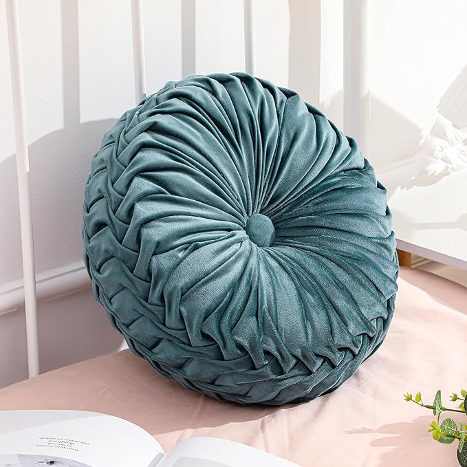 Drydiet 1 Pcs Round Throw Velvet Pillows Decorative Pleated Throw Pillows Diameter Accent Pumpkin Boho Chair Cushion for Couch Sofa Home Decoration (Dusty Blue,15'')