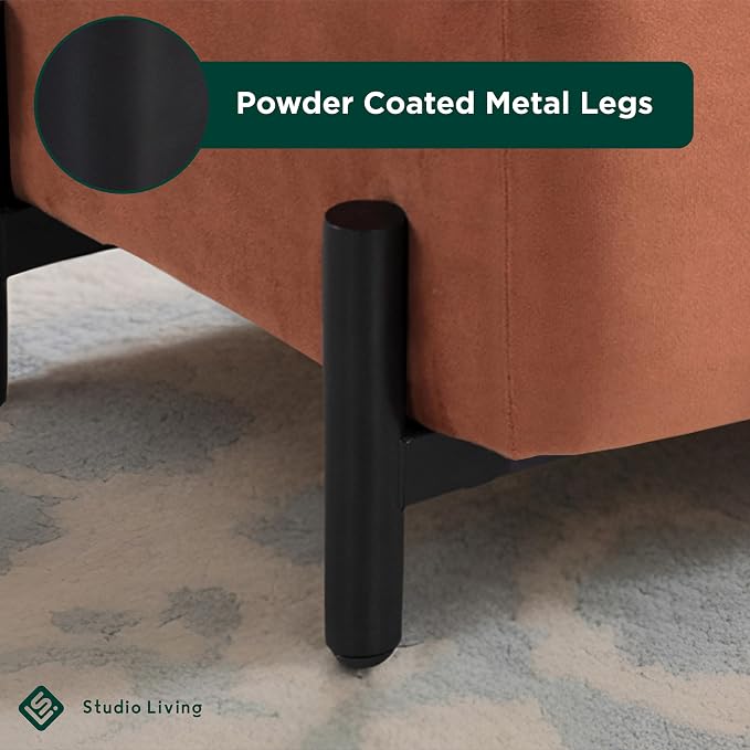 Studio Living® Connor 24" Small Storage Ottoman, Modern Boho, Matte Black Metal Legs, Velvet Fabric, Rust