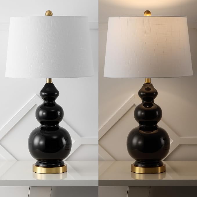 JONATHAN Y 27.5" Black/Brass Gold Modern Ceramic Gourd Table Lamp for Living Room, Large Bedside Nightstand Lamp for Bedroom, White Linen Drum Shade, LED Bulb Included (JYL4023C)