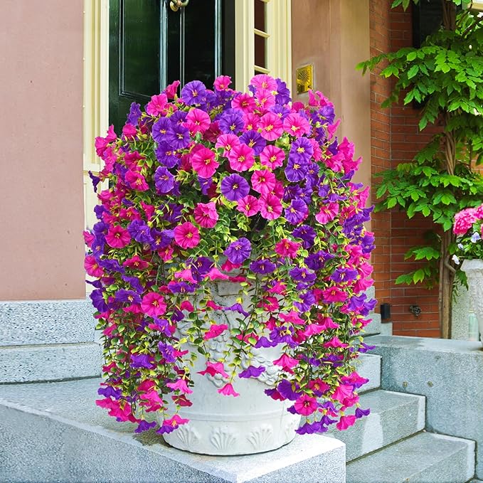 Dolicer 4 Packs Look Real Artificial Flowers for Outdoors, Fake Artificial Hanging Flowers for Outdoors Realistic UV Resistant Hanging Flowers Silk Petunia Faux Flowers for Porch Patio(Purple+Fuchsia)