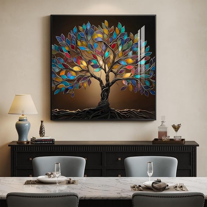 Framed Square Tree of Life Wall Art, Modern Contemporary Tree Painting Prints Artwork for Walls, Dark Colorful Elegant Picture for Living Room Bedroom Kitchen Office Dining Room Wall Decor, 30x30 In