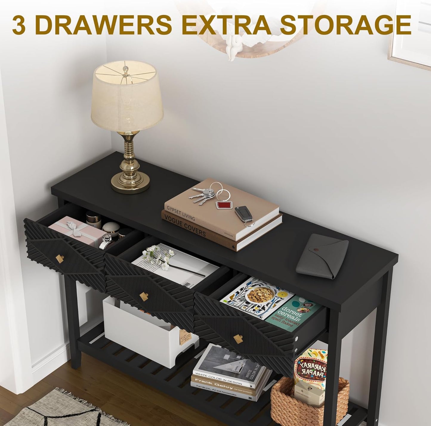 47" Console Table with 3 Drawers, Fluted Narrow Long Entryway Table with Storage Shelf, Accent Table for Entryway, Living Room, Behind Couch, Foyer, Hallway, Office