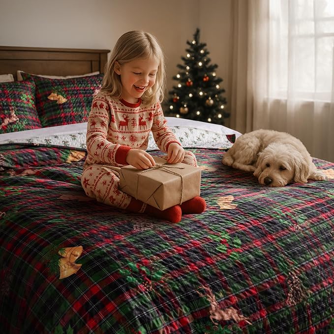 Levtex Home - Merry Tartan Quilt - King Quilt (106x92in.) - Red and Green Velvet Tartan Plaid - Reversible - Polyester