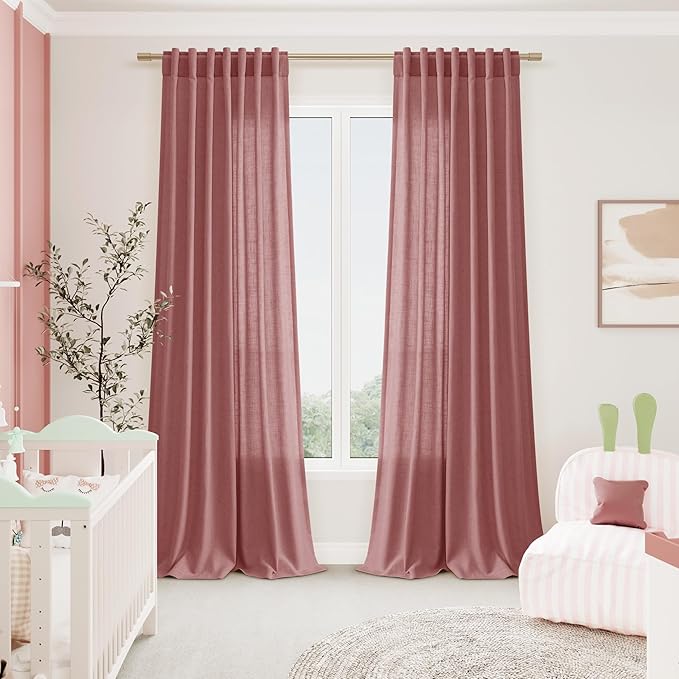 Nanspring Canyon Rose Linen Curtains 90 Inch Long 2 Panels Set for Bedroom Living Room Dusty Rose Linen Textured Window Drapes Semi Sheer Light Filtering Rod Pocket Back Tab Farmhouse Curtain 52x90