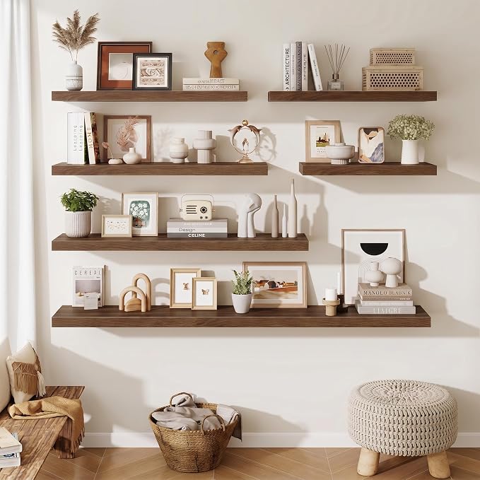 Fun Memories 24 x 10 Floating Shelves Wall-Mounted - Rustic Wood Shelf - 10 Inch Deep Floating Shelves for Wall - Large Storage Shelf for Bathroom - Kitchen & Bedroom - Walnut - Set of 3
