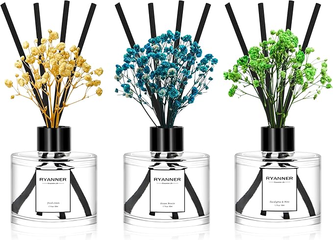Reed Diffuser Set of 3 Pack,Fresh Clean Linen/Ocean Breeze/Eucalyptus & Mint Scented Oil Diffuser with Sticks(1.7 fl oz Each Pack),Air Freshener for Bedroom Bathroom Office | Shelf Decor