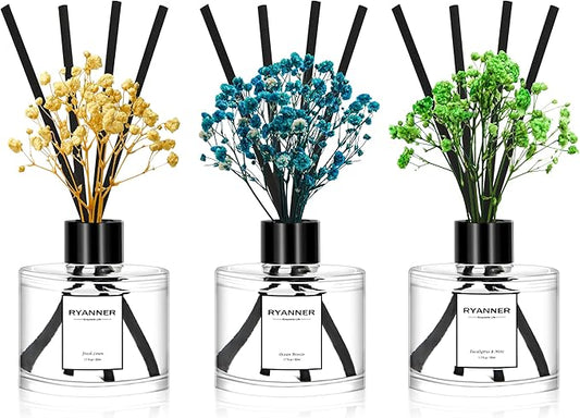 Reed Diffuser Set of 3 Pack,Fresh Clean Linen/Ocean Breeze/Eucalyptus & Mint Scented Oil Diffuser with Sticks(1.7 fl oz Each Pack),Air Freshener for Bedroom Bathroom Office | Shelf Decor