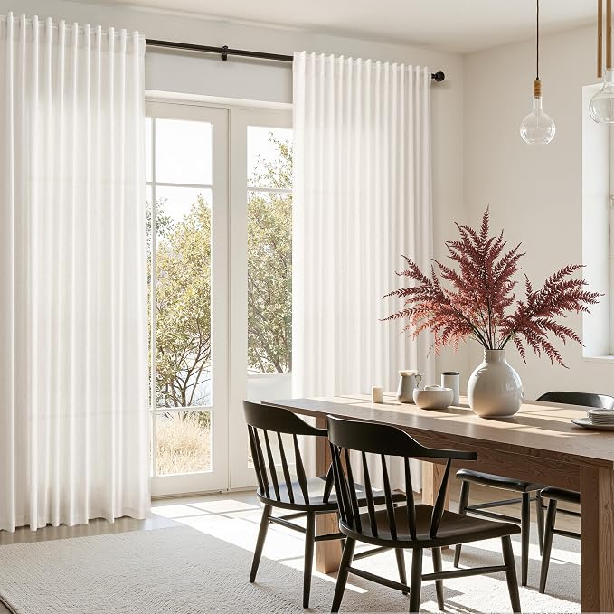 Nanspring Extra Wide Beige White Curtains for Living Room 90 Inches Long Semi Sheer Curtain for Coastal Room Decor Linen Farmhouse Drapes for Bedroom Back Tab and Rod Pocket 100x90, 2 Panels