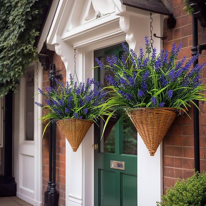 Nigirior Artificial Flowers for Outdoor Plants 24 Bundles Fake Lavender Plastic Faux Monkey Grass for Verandah Window Garden Office Patio Front Porch UV Resistant for Planter(Purple)