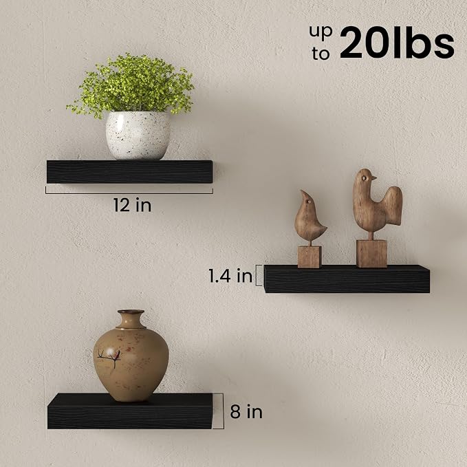Fun Memories 12 Inch Floating Shelves for Wall Set of 3, Wood Grain Bathroom Shelves with Invisible Brackets, Easy Install Wood Storage Shelves for Kitchen, Living Room, Bedroom, Black