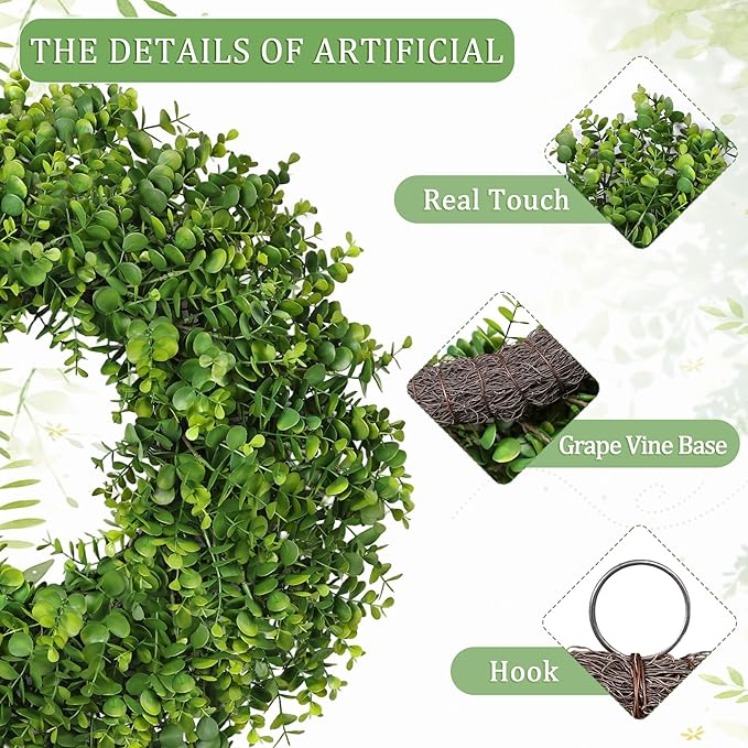 26 Inch Large Greenery Eucalyptus Boxwood Wreaths Artificial Easter Summer Spring Wreaths for Front Door Outdoor All Season Spring Decorations for Home Porch Room Window Wall Farmhouse Decor(Green)