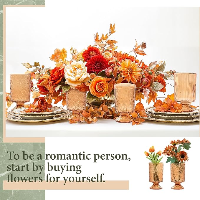 6 Pcs (H: 7" W: 4") Embossed Flower Vase Pedestal Glass Vase Big Base Thickened Crystal Vintage Vases for Wedding Party Home Decor Table Centerpiece House Warming Gifts (Amber,Classic)