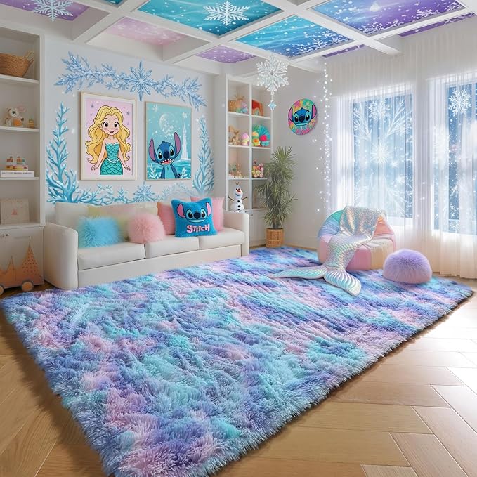 PAGISOFE Cute Kawaii Rugs for Girls Bedroom, 5x8 Rainbow Purple Area Rug, Soft Fluffy Shag Rug for Girls Room Baby Kids Playroom Nursery Classroom Plush Furry Mermaid Rug, Fuzzy Pastel Colorful Carpet