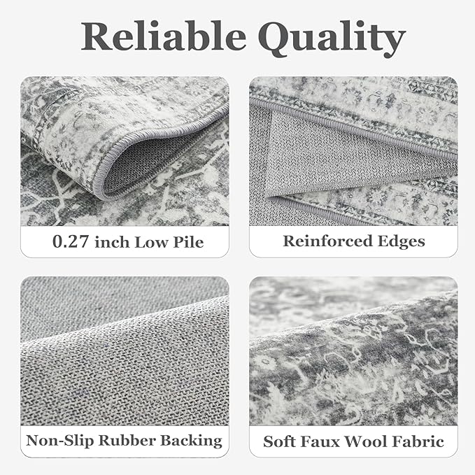 Grey Entryway Rug Indoor, 2x3 Small Door Rugs for Entry Way/Kitchen/Bathroom, Washable Non Slip Low Pile Thin Door Mat Indoor Entrance, Vintage Neutral Gray and Ivory Rug with Decorative Fringe