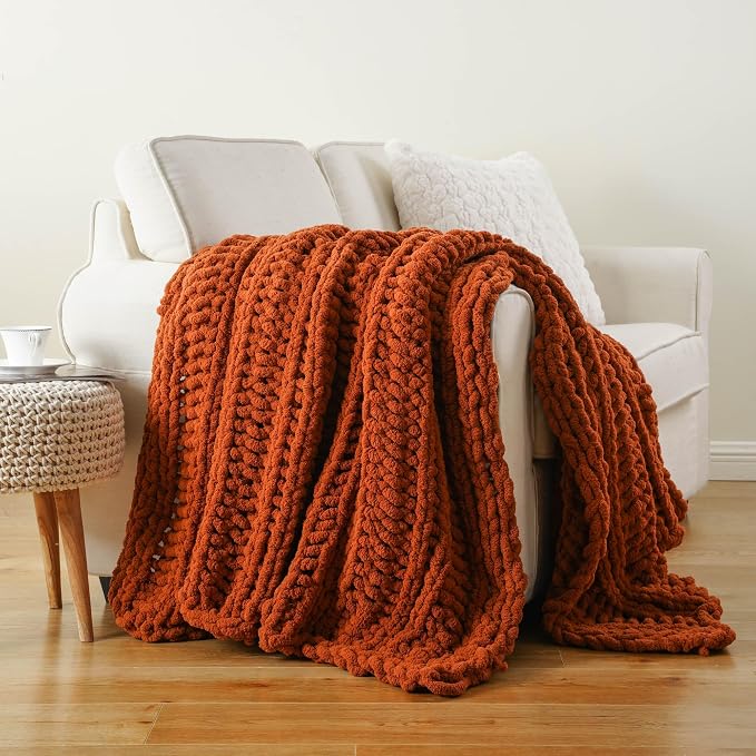 Battilo Chunky Knit Throw Blanket for Couch, Fall Decor, 50"x60", Rust | Hand Knit with Chunky Yarn, Decorative Fall Throw Blanket, Cozy Warm Soft Chenille Throw Blanket for Bed, Sofa, Living Room