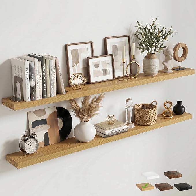 Venusmiles Floating Shelves for Wall, 72 Inch Floating Shelves Set of 2, 6.5" D Wooden Wall Mounted Display Shelves with Invisible Brackets for Living Room, Bedroom, Bathroom, Kitchen Decor, Oak