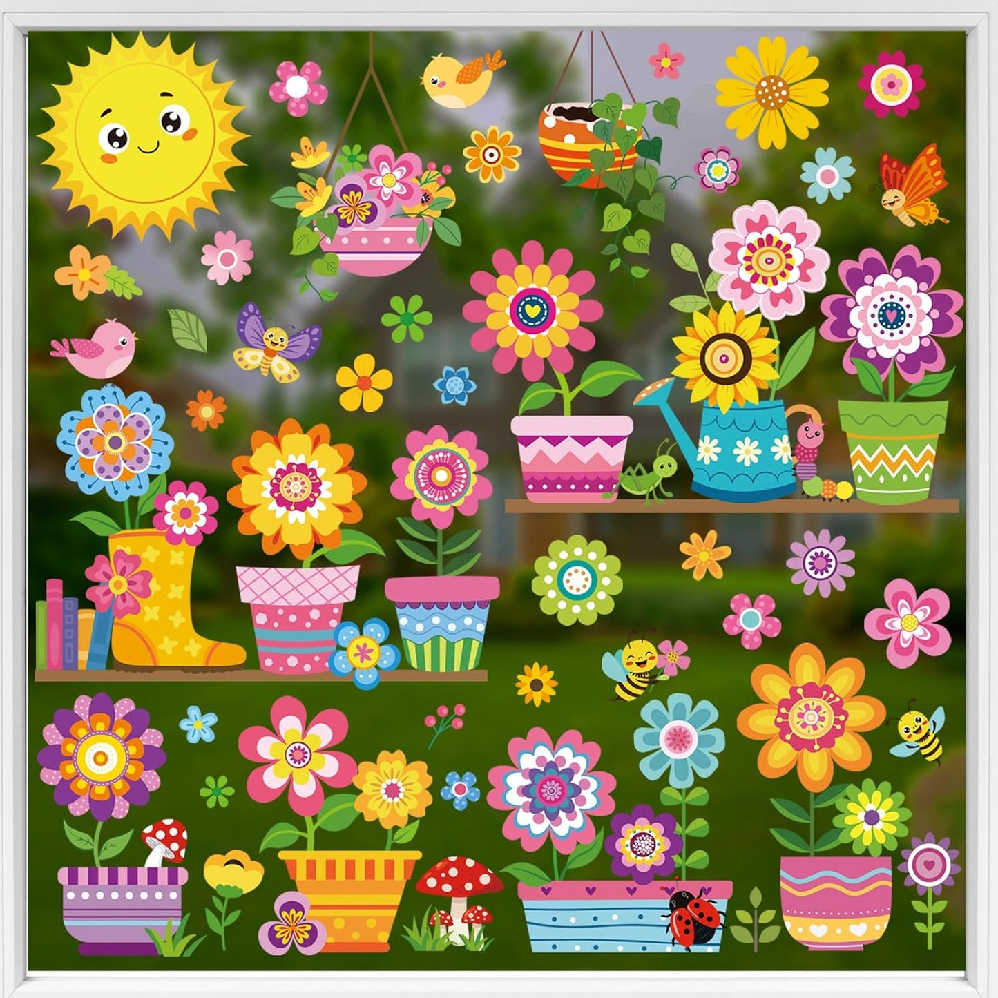 decalmile Spring Summer Kids Multicolor Flower Double Sided Window Clings Colorful Floral Garden Potted Sun Anti-Collision Glass Doors Window Stickers Decals