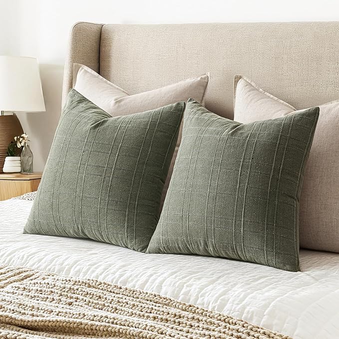 MIULEE Decorative Linen Check Euro Shams Throw Pillow Covers Neutral Farmhouse Vintage Spring Pillow Covers 26x26 Set of 2 Boho Modern Home Decor for Sofa Couch Bedroom Cushion Olive Green