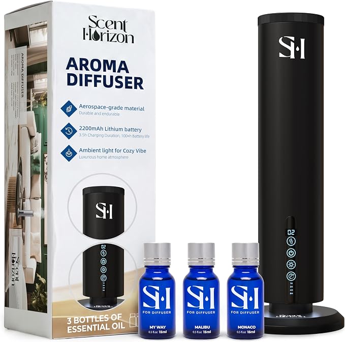 Hotel Waterless Scent Diffuser for Home Large Room - Tower Design 2026 with Rechargeable Battery, Oil Diffusers for Home, Hotel Aroma Oil Diffuser, Luxury ColdAir Home Diffuser set 3x15ml Diffuser Oil