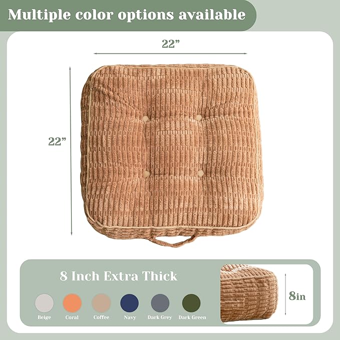HIGOGOGO 8" Floor Pillow Cushion for Adults, Meditation Cushion Pillow, Blended Corduroy Cover, Large Square Floor Sitting for Tatami Living Room or Yoga, 2Pack, Coffee