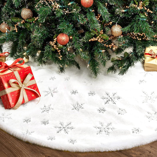 Christmas Tree Skirt 48 Inch, Holiday Part Decorations for Christmas Tree, Whit Plush Sliver Sequin Snowflake Tree Shirt for Xmas
