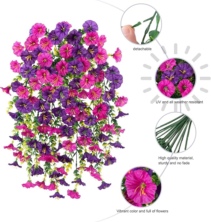 Ivydale 2 PCS Artificial Hanging Flowers Fake Plants Outdoor,Silk Morning Glory Faux Flowers with Eucalyptus Leaf,UV Resistant Realistic Hanging Petunias Plants for Home Garden Decor (Purple+Fuchsia)