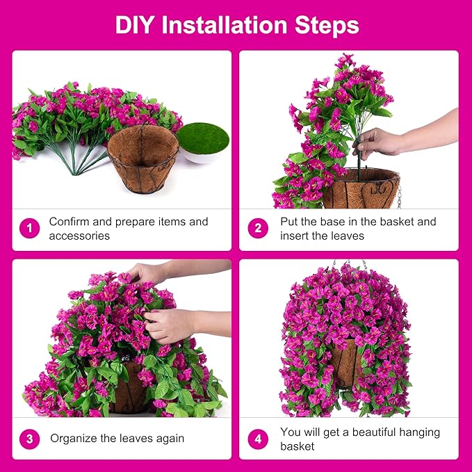 Ammyoo Artificial Faux Hanging Flowers Basket for Spring Summer Outdoor Porch Decoration, Fake Silk Colorful Morning Glory Eucalyptus in Planter UV Resistant for Home Balcony Yard(Red Purple)