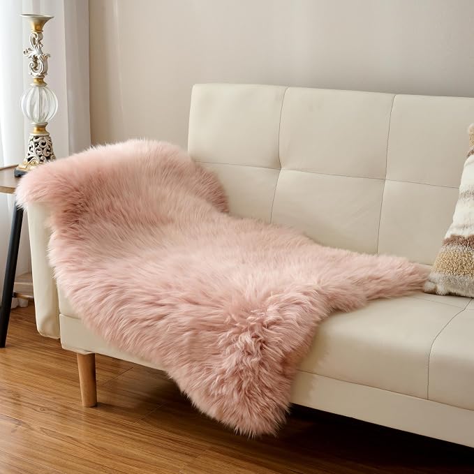 Premium Genuine Sheepskin Area Ruge - Real Wool Fur Shaggy Carpet | Fluffy Soft Natural Lambskin Rug Seat Chair Covers for Couch Sofa Bedroom Living Room(Pink,2×3 Feet Sheepskin)