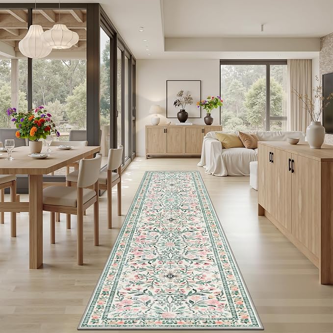 Runner Rug for Entryway: 2.6x10 Kitchen Rugs Non Slip Washable Ultra-Thin Soft Floral Carpet Indoor Floor Stain Resistant Carpets for Hallway Bedroom Kitchen Laundry Bathroom Dorm Green/Beige