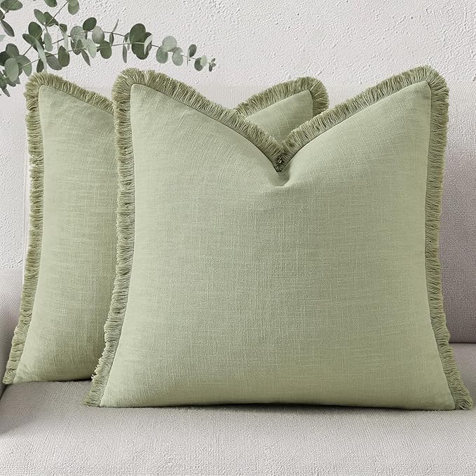 decorUhome Summer Decorative Neutral Linen Fringe Throw Pillow Covers Set of 2 Sage Green Pillow Covers with Tassels Soft Farmhouse Boho Accent Pillow Cases for Couch Bed Sofa 18x18 Inch