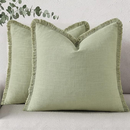 decorUhome Summer Decorative Neutral Linen Fringe Throw Pillow Covers Set of 2 Sage Green Pillow Covers with Tassels Soft Farmhouse Boho Accent Pillow Cases for Couch Bed Sofa 18x18 Inch